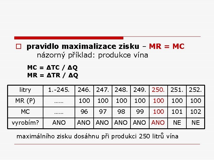 o pravidlo maximalizace zisku – MR = MC názorný příklad: produkce vína MC =