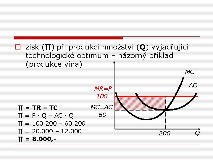 o zisk (∏) při produkci množství (Q) vyjadřující technologické optimum – názorný příklad (produkce