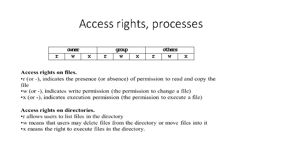 Access rights, processes r owner w x r group w x r others w Access rights, processes r owner w x r group w x r others w