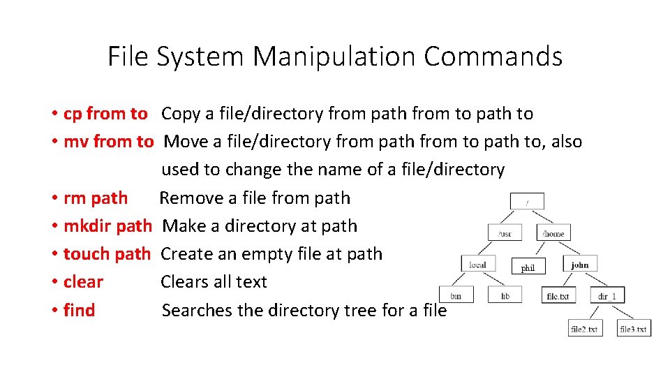 File System Manipulation Commands • cp from to Copy a file/directory from path from File System Manipulation Commands • cp from to Copy a file/directory from path from