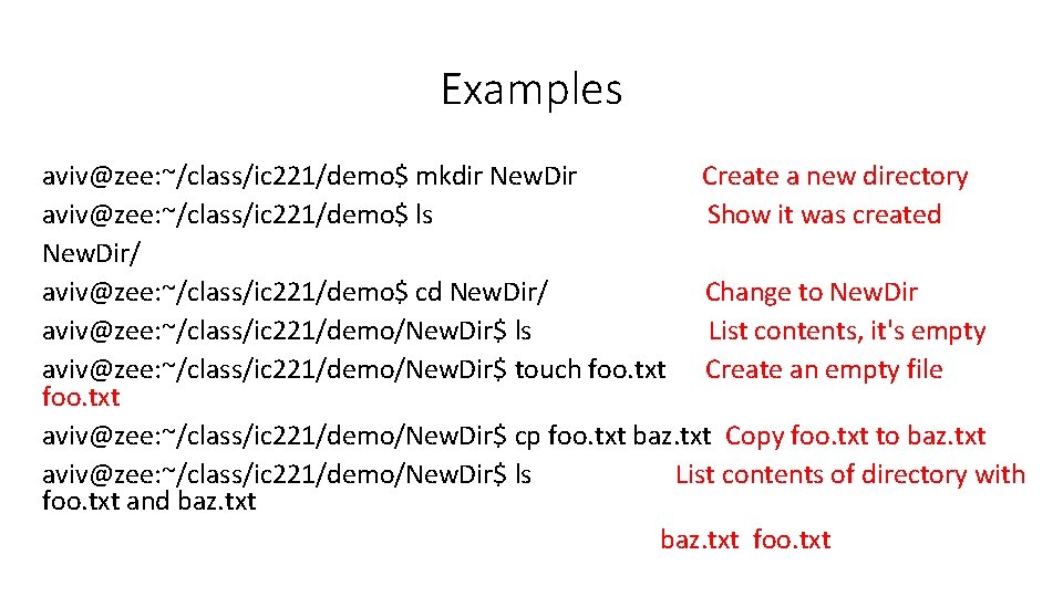Examples aviv@zee: ~/class/ic 221/demo$ mkdir New. Dir Create a new directory aviv@zee: ~/class/ic 221/demo$ Examples aviv@zee: ~/class/ic 221/demo$ mkdir New. Dir Create a new directory aviv@zee: ~/class/ic 221/demo$