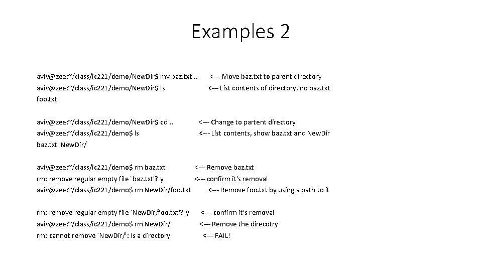 Examples 2 aviv@zee: ~/class/ic 221/demo/New. Dir$ mv baz. txt. . <--- Move baz. txt Examples 2 aviv@zee: ~/class/ic 221/demo/New. Dir$ mv baz. txt. . <--- Move baz. txt