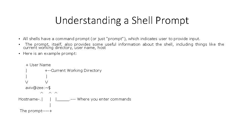 Understanding a Shell Prompt • All shells have a command prompt (or just "prompt"), Understanding a Shell Prompt • All shells have a command prompt (or just "prompt"),