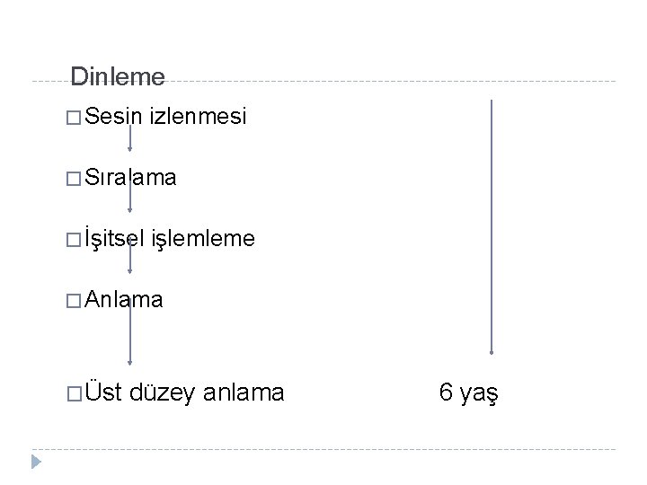 Dinleme � Sesin izlenmesi � Sıralama � İşitsel işlemleme � Anlama �Üst düzey anlama