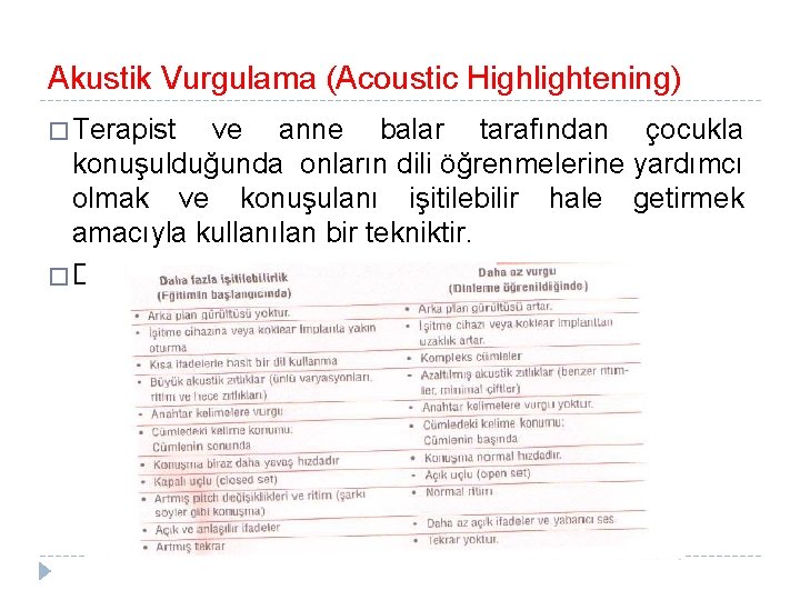 Akustik Vurgulama (Acoustic Highlightening) � Terapist ve anne balar tarafından çocukla konuşulduğunda onların dili