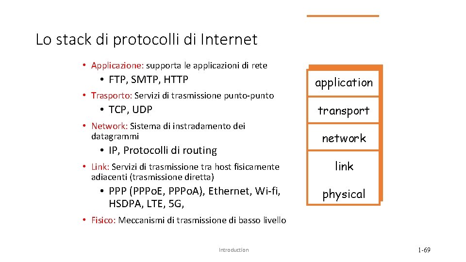 Lo stack di protocolli di Internet • Applicazione: supporta le applicazioni di rete •