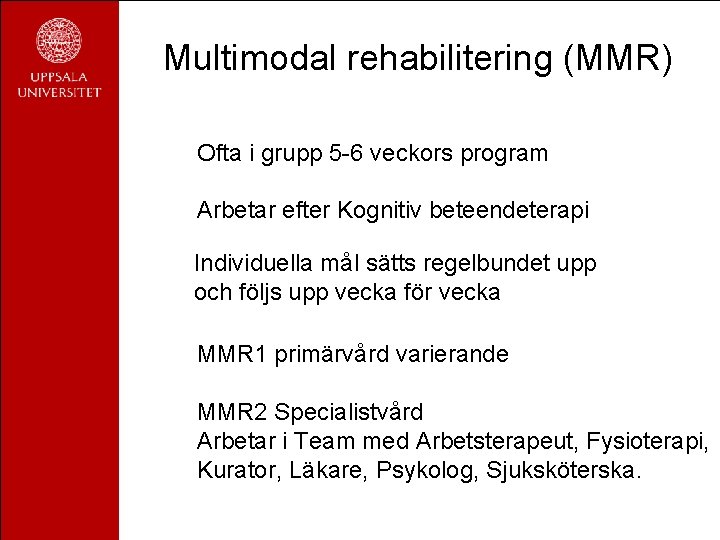 Multimodal rehabilitering (MMR) Ofta i grupp 5 -6 veckors program Arbetar efter Kognitiv beteendeterapi Multimodal rehabilitering (MMR) Ofta i grupp 5 -6 veckors program Arbetar efter Kognitiv beteendeterapi