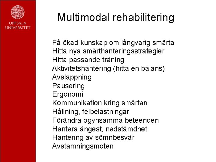 Multimodal rehabilitering Få ökad kunskap om långvarig smärta Hitta nya smärthanteringsstrategier Hitta passande träning Multimodal rehabilitering Få ökad kunskap om långvarig smärta Hitta nya smärthanteringsstrategier Hitta passande träning