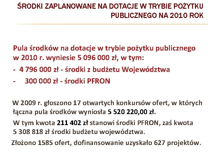 ŚRODKI ZAPLANOWANE NA DOTACJE W TRYBIE POŻYTKU PUBLICZNEGO NA 2010 ROK Pula środków na