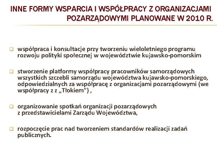 INNE FORMY WSPARCIA I WSPÓŁPRACY Z ORGANIZACJAMI POZARZĄDOWYMI PLANOWANE W 2010 R. q współpraca