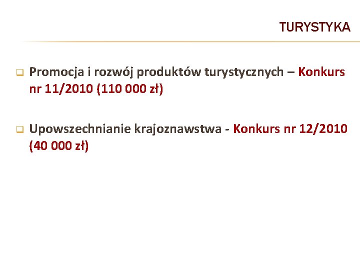 TURYSTYKA q Promocja i rozwój produktów turystycznych – Konkurs nr 11/2010 (110 000 zł)