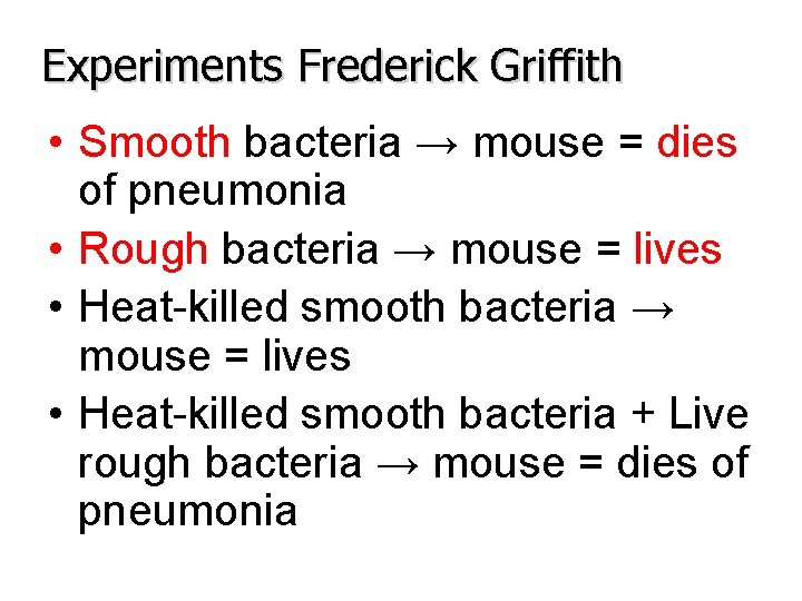 Experiments Frederick Griffith • Smooth bacteria → mouse = dies of pneumonia • Rough