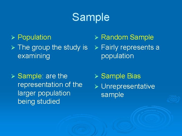 Sample Population Ø Random Sample Ø The group the study is Ø Fairly represents