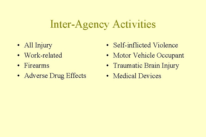 Inter-Agency Activities • • All Injury Work-related Firearms Adverse Drug Effects • • Self-inflicted