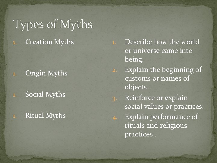 Types of Myths 1. Creation Myths 1. Origin Myths 2. 1. Social Myths 3.