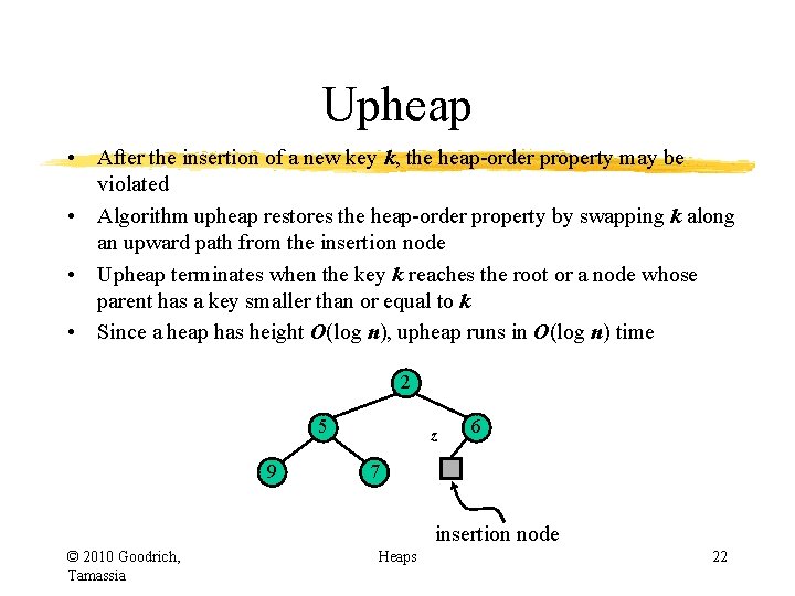 Upheap • After the insertion of a new key k, the heap-order property may Upheap • After the insertion of a new key k, the heap-order property may