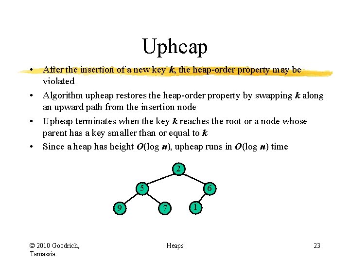 Upheap • After the insertion of a new key k, the heap-order property may Upheap • After the insertion of a new key k, the heap-order property may