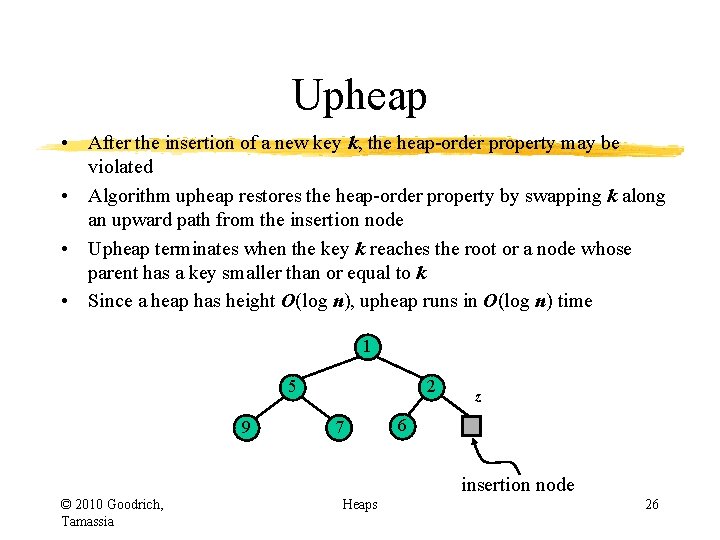 Upheap • After the insertion of a new key k, the heap-order property may Upheap • After the insertion of a new key k, the heap-order property may