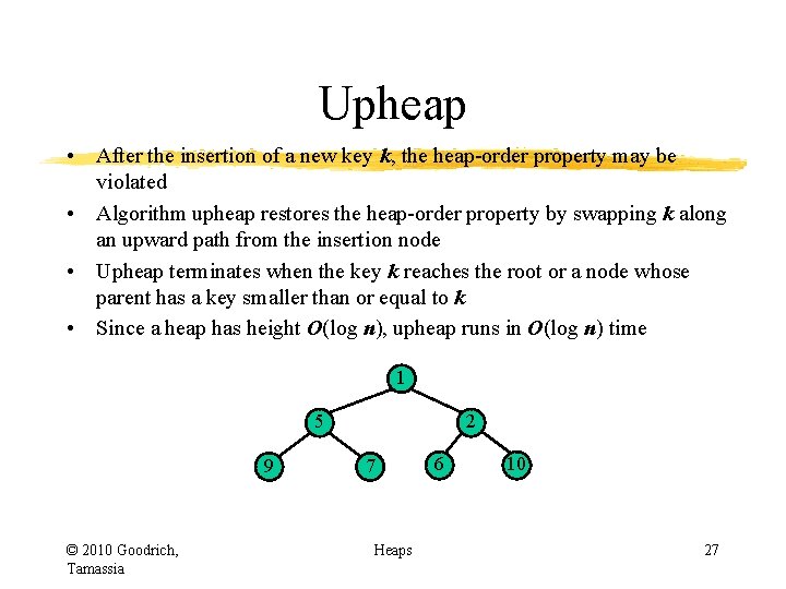 Upheap • After the insertion of a new key k, the heap-order property may Upheap • After the insertion of a new key k, the heap-order property may