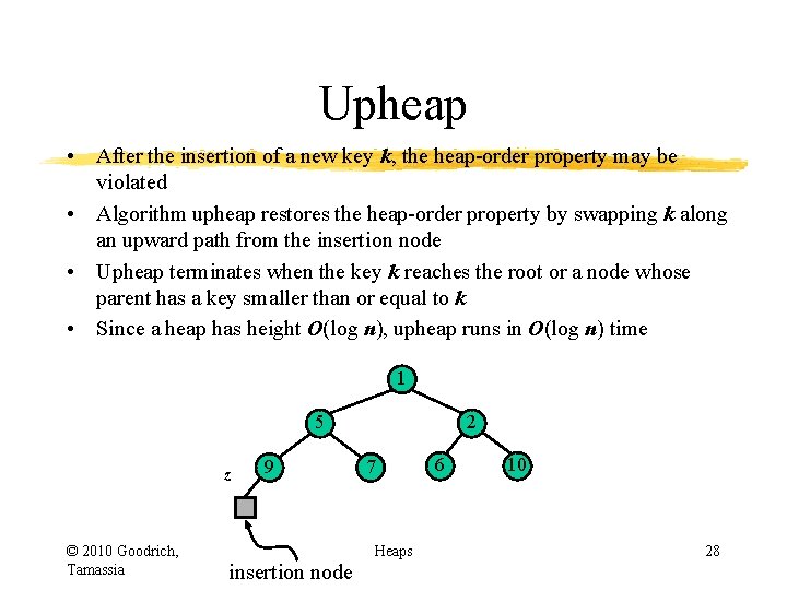 Upheap • After the insertion of a new key k, the heap-order property may Upheap • After the insertion of a new key k, the heap-order property may