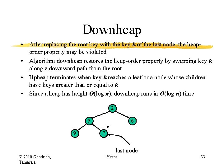 Downheap • After replacing the root key with the key k of the last Downheap • After replacing the root key with the key k of the last