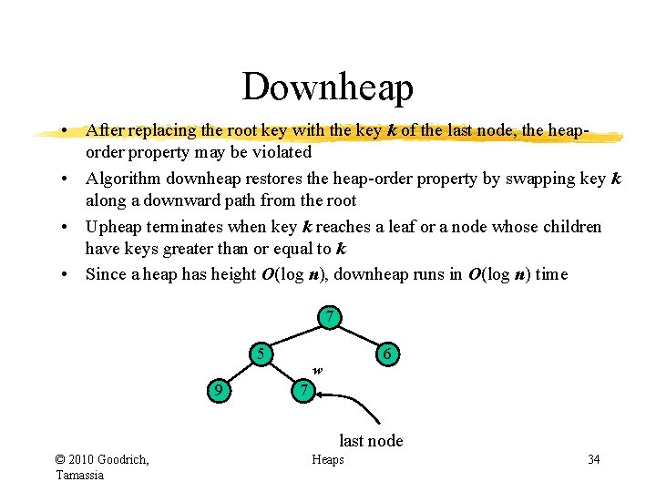 Downheap • After replacing the root key with the key k of the last Downheap • After replacing the root key with the key k of the last