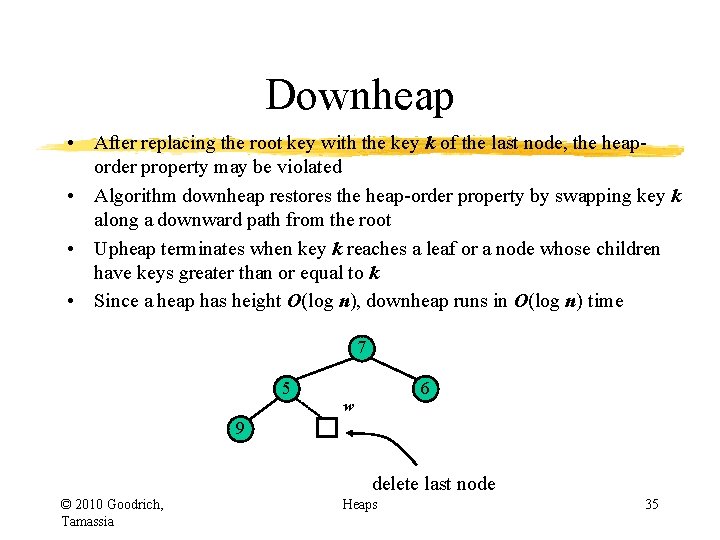 Downheap • After replacing the root key with the key k of the last Downheap • After replacing the root key with the key k of the last