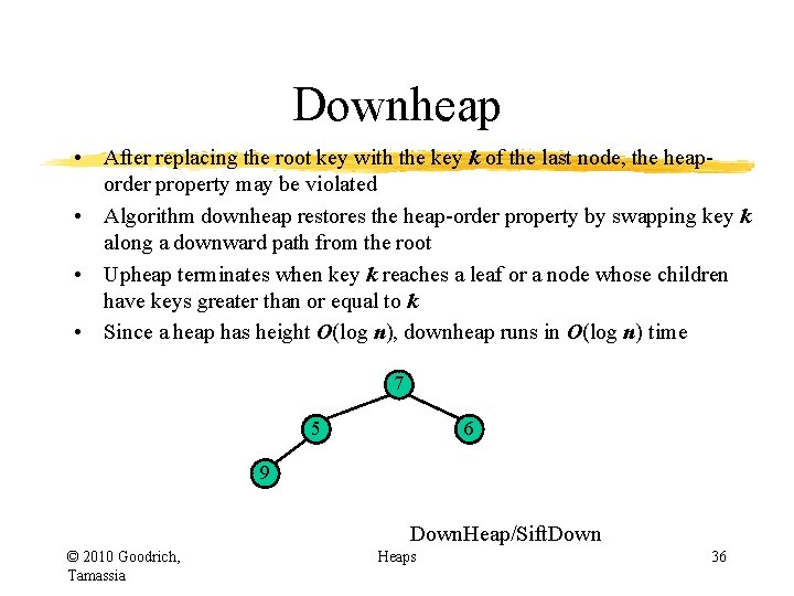 Downheap • After replacing the root key with the key k of the last Downheap • After replacing the root key with the key k of the last
