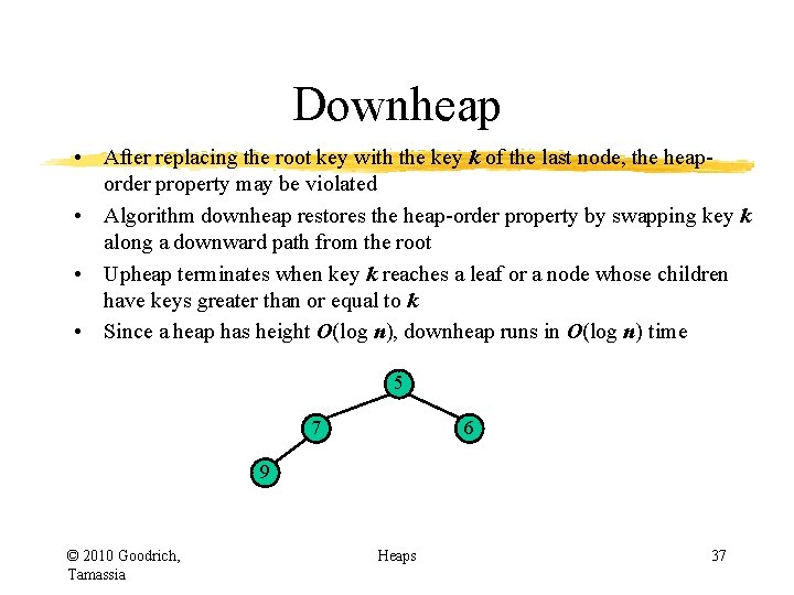 Downheap • After replacing the root key with the key k of the last Downheap • After replacing the root key with the key k of the last