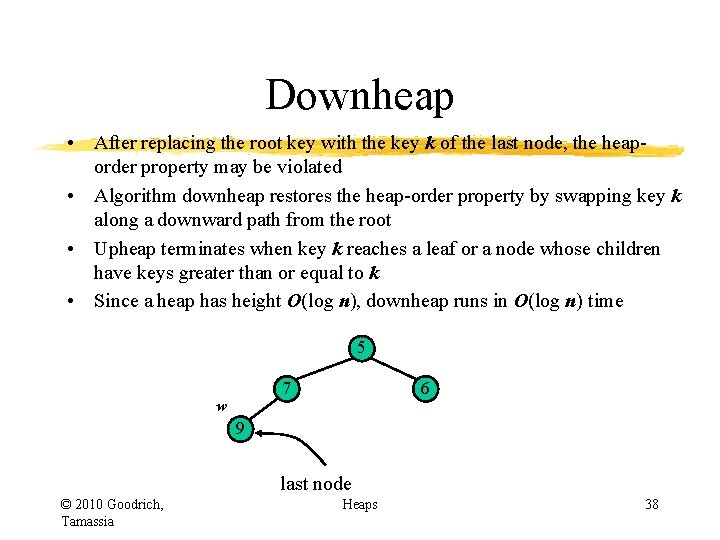 Downheap • After replacing the root key with the key k of the last Downheap • After replacing the root key with the key k of the last
