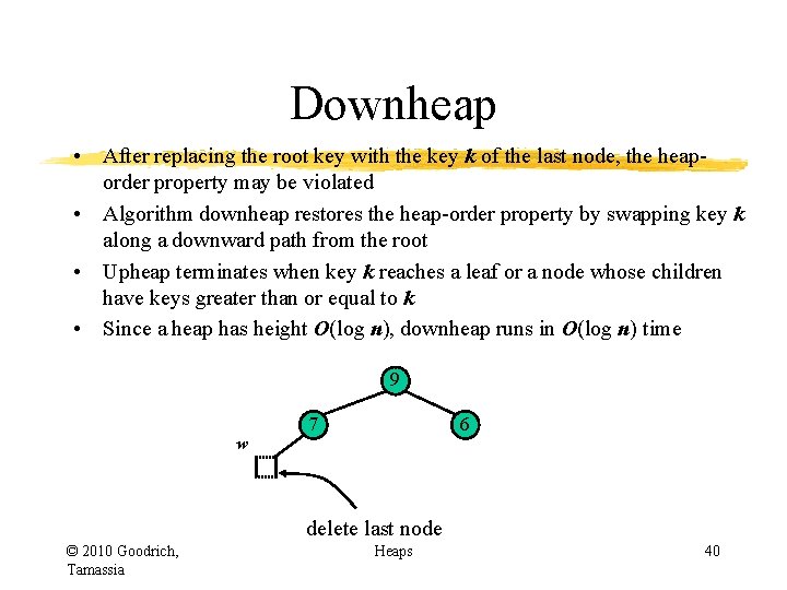 Downheap • After replacing the root key with the key k of the last Downheap • After replacing the root key with the key k of the last