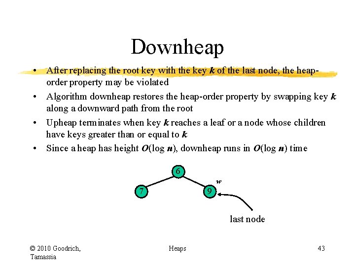 Downheap • After replacing the root key with the key k of the last Downheap • After replacing the root key with the key k of the last