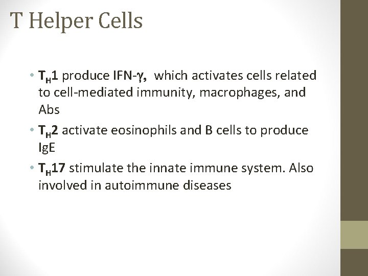 T Helper Cells • TH 1 produce IFN-g which activates cells related to cell-mediated