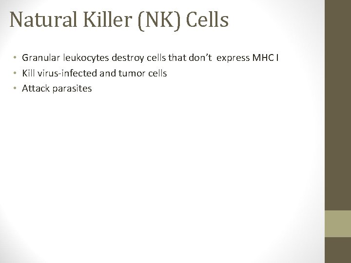 Natural Killer (NK) Cells • Granular leukocytes destroy cells that don’t express MHC I