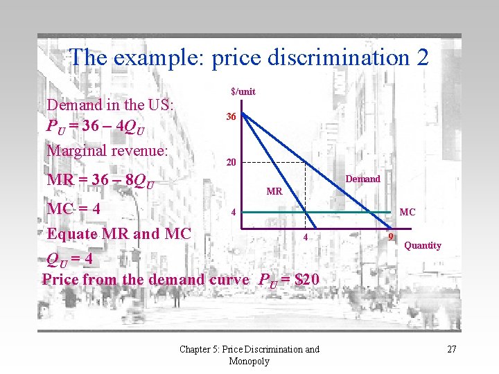 The example: price discrimination 2 Demand in the US: PU = 36 – 4