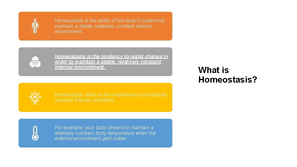 Homeostasis is the ability of the body's systems to maintain a stable, relatively constant