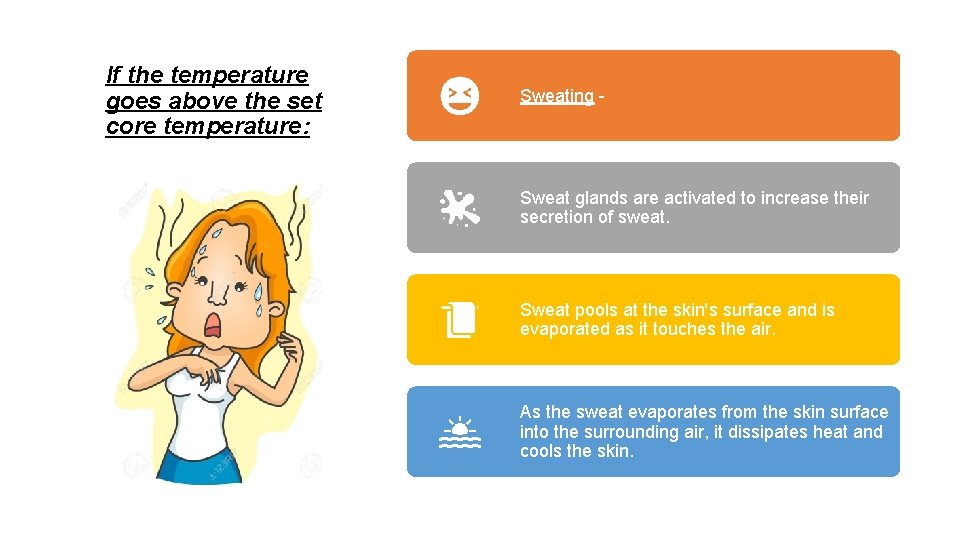 If the temperature goes above the set core temperature: Sweating - Sweat glands are