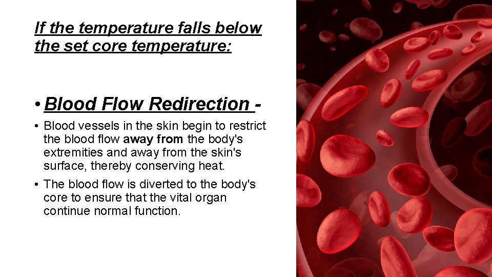 If the temperature falls below the set core temperature: • Blood Flow Redirection •