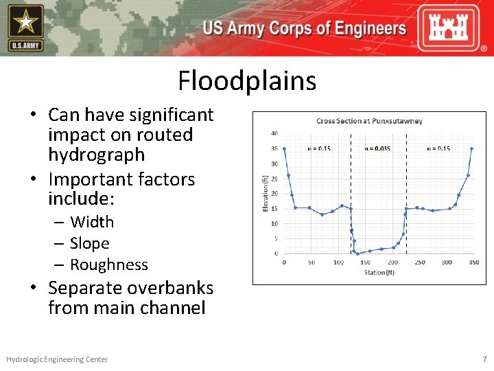Floodplains • Can have significant impact on routed hydrograph • Important factors include: –