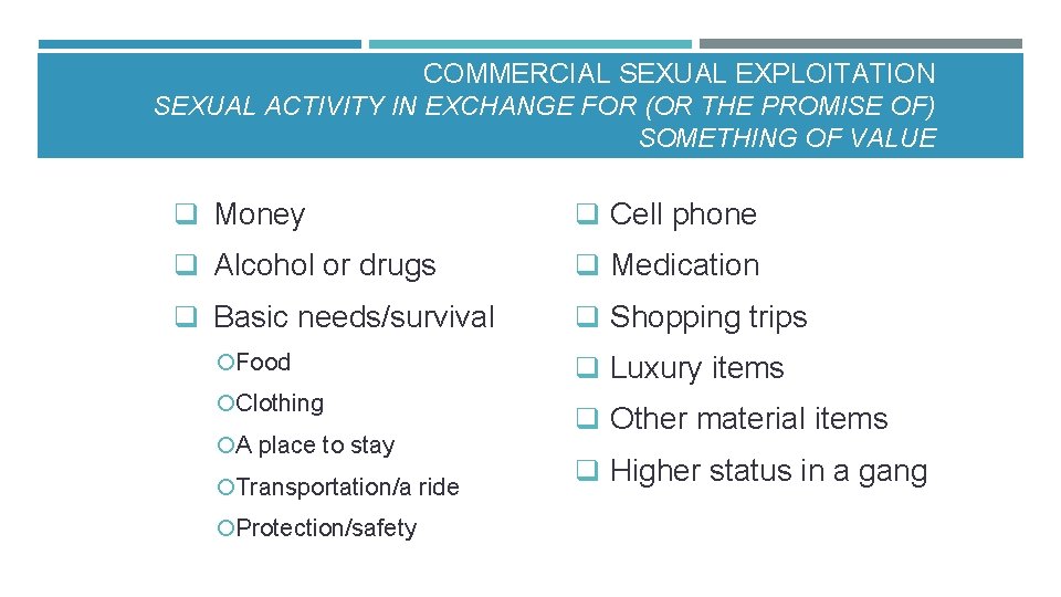 COMMERCIAL SEXUAL EXPLOITATION SEXUAL ACTIVITY IN EXCHANGE FOR (OR THE PROMISE OF) SOMETHING OF COMMERCIAL SEXUAL EXPLOITATION SEXUAL ACTIVITY IN EXCHANGE FOR (OR THE PROMISE OF) SOMETHING OF