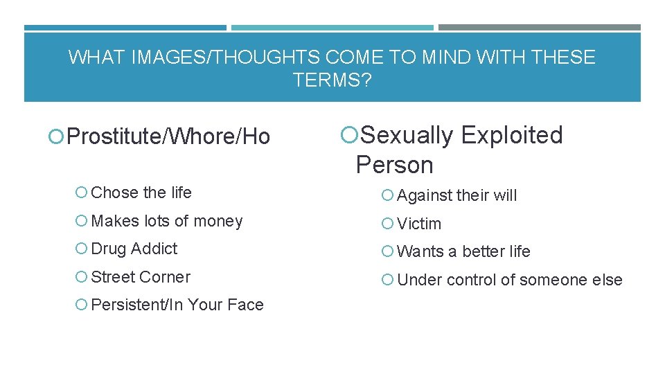 WHAT IMAGES/THOUGHTS COME TO MIND WITH THESE TERMS? Prostitute/Whore/Ho Sexually Exploited Person Chose the WHAT IMAGES/THOUGHTS COME TO MIND WITH THESE TERMS? Prostitute/Whore/Ho Sexually Exploited Person Chose the