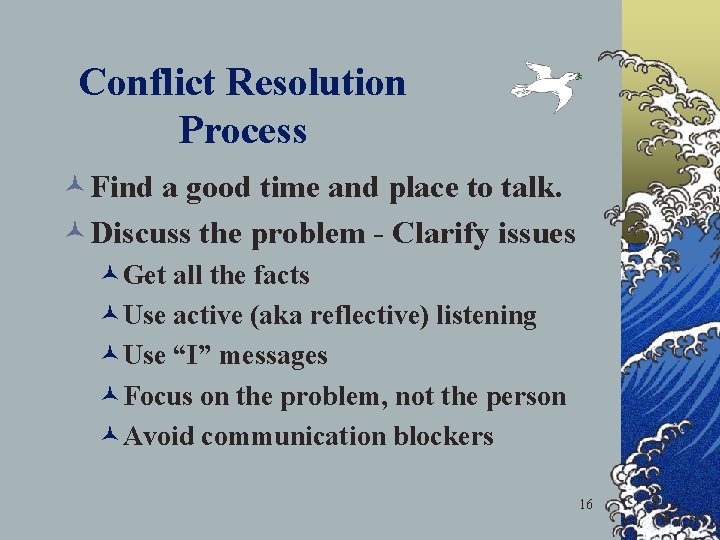 Conflict Resolution Process ©Find a good time and place to talk. ©Discuss the problem