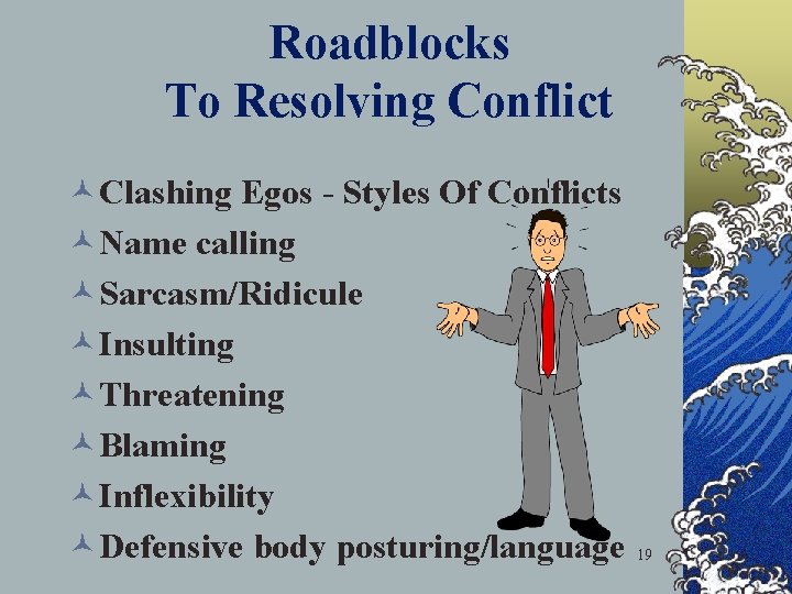 Roadblocks To Resolving Conflict ©Clashing Egos - Styles Of Conflicts ©Name calling ©Sarcasm/Ridicule ©Insulting