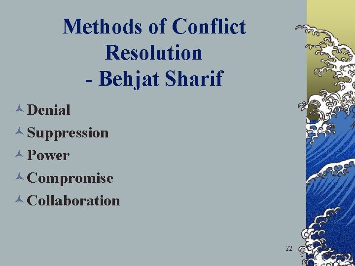 Methods of Conflict Resolution - Behjat Sharif ©Denial ©Suppression ©Power ©Compromise ©Collaboration 22 