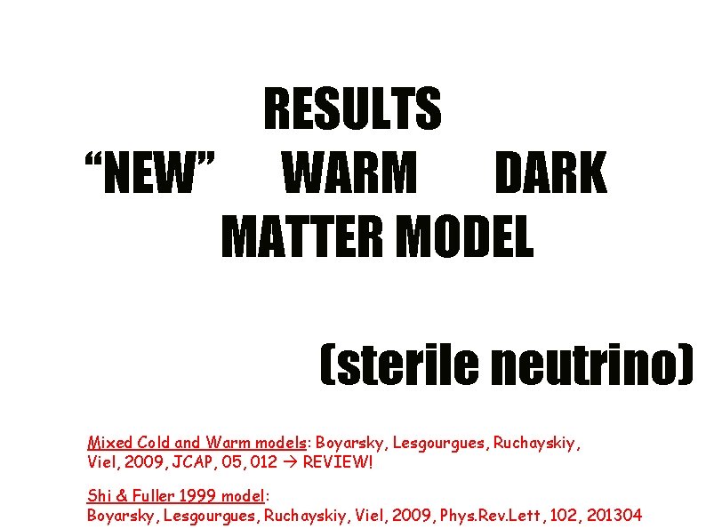 RESULTS “NEW” WARM DARK MATTER MODEL (sterile neutrino) Mixed Cold and Warm models: Boyarsky,