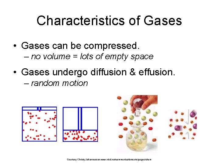 Characteristics of Gases • Gases can be compressed. – no volume = lots of