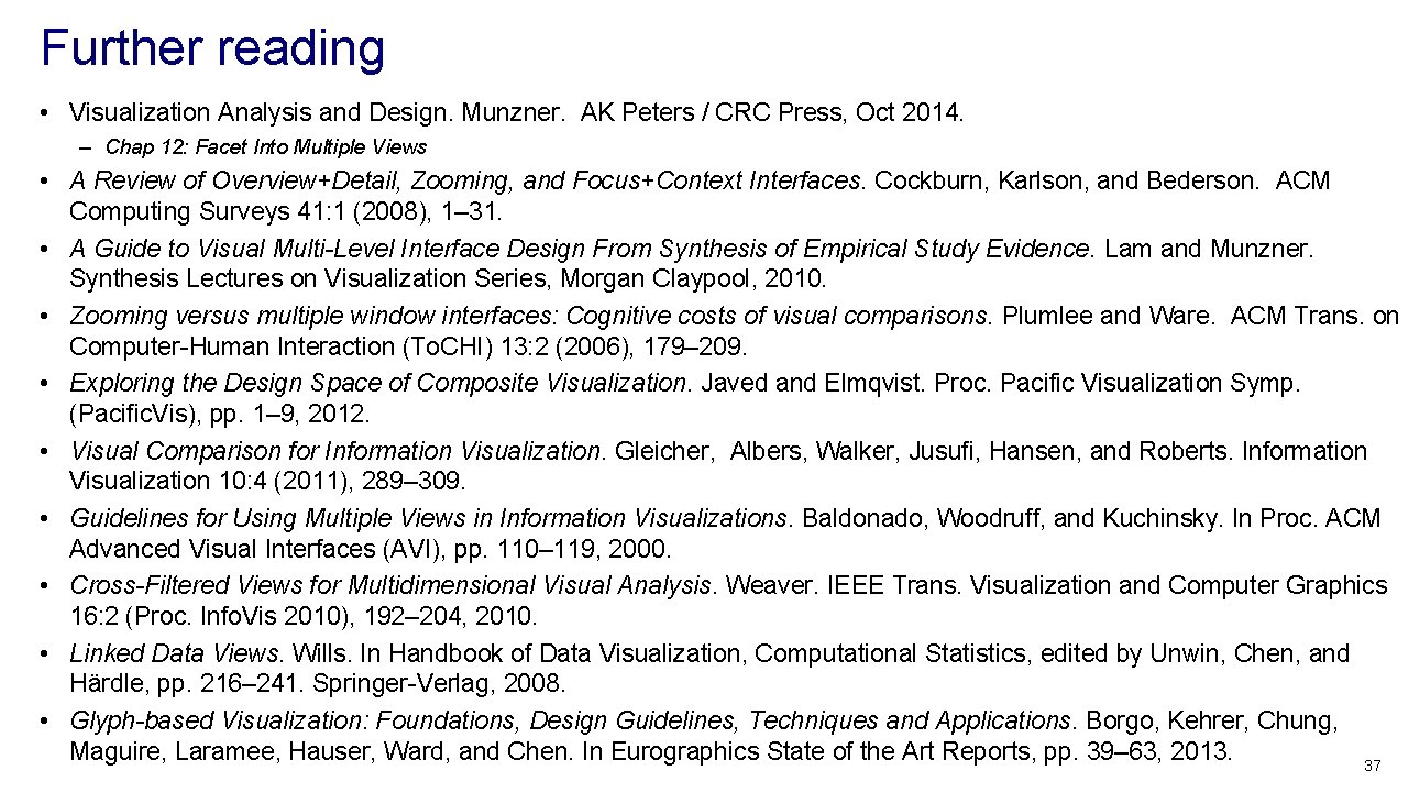 Further reading • Visualization Analysis and Design. Munzner. AK Peters / CRC Press, Oct Further reading • Visualization Analysis and Design. Munzner. AK Peters / CRC Press, Oct