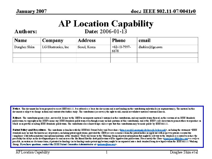 January 2007 Authors: doc. : IEEE 802. 11 -07/0041 r 0 AP Location Capability