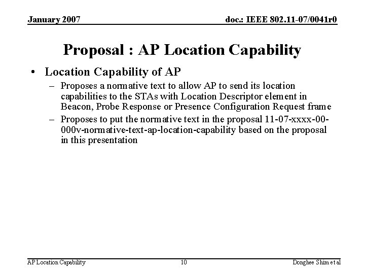 January 2007 doc. : IEEE 802. 11 -07/0041 r 0 Proposal : AP Location