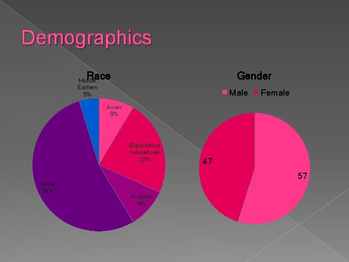 Demographics Race Gender Middle Eastern 5% Male Female Asian 9% Black/Africa n-American 23% White